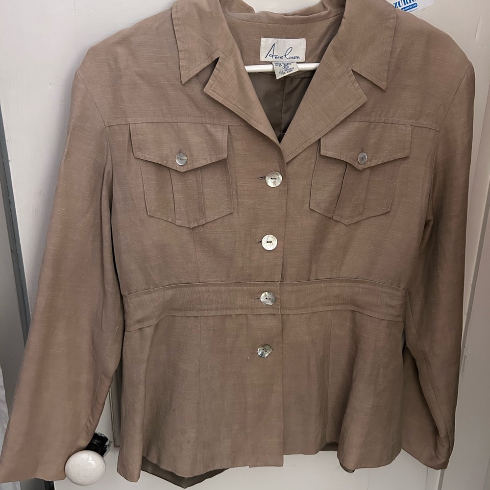 Anne Larson Vintage Military Jacket Silk Linen Beige Size 10